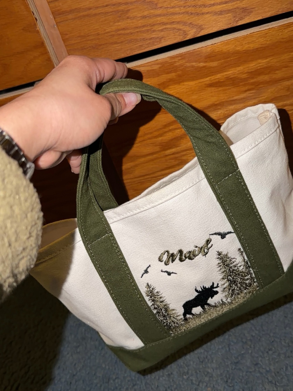 Canvas Tote Bag with Green Trim and Moose Embroidery